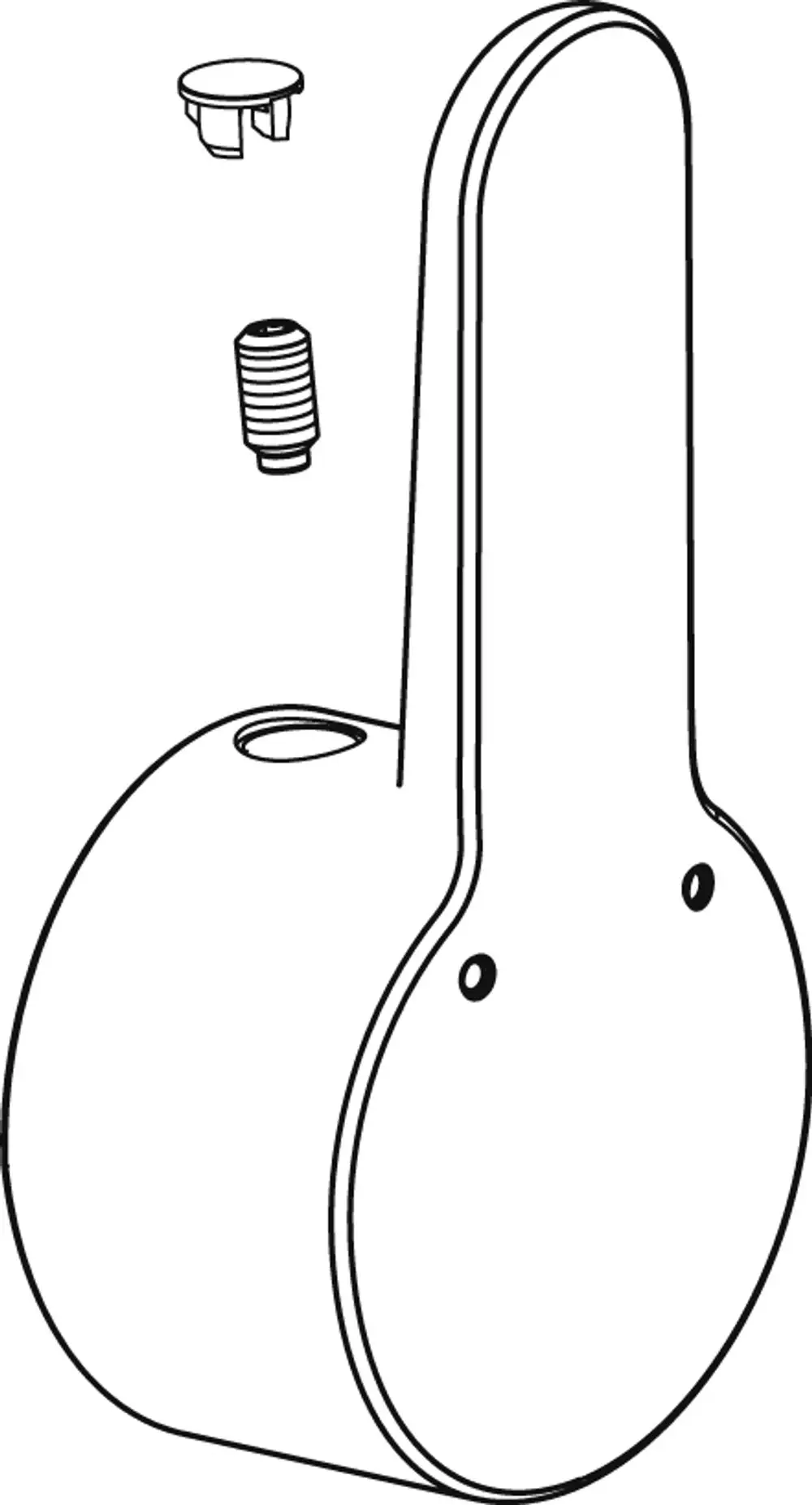 Produktzeichnung eines Halters von Ideal Standard mit zwei Schraublöchern, einem runden Deckel und einem Gewinde. Teile sind separat abgebildet.